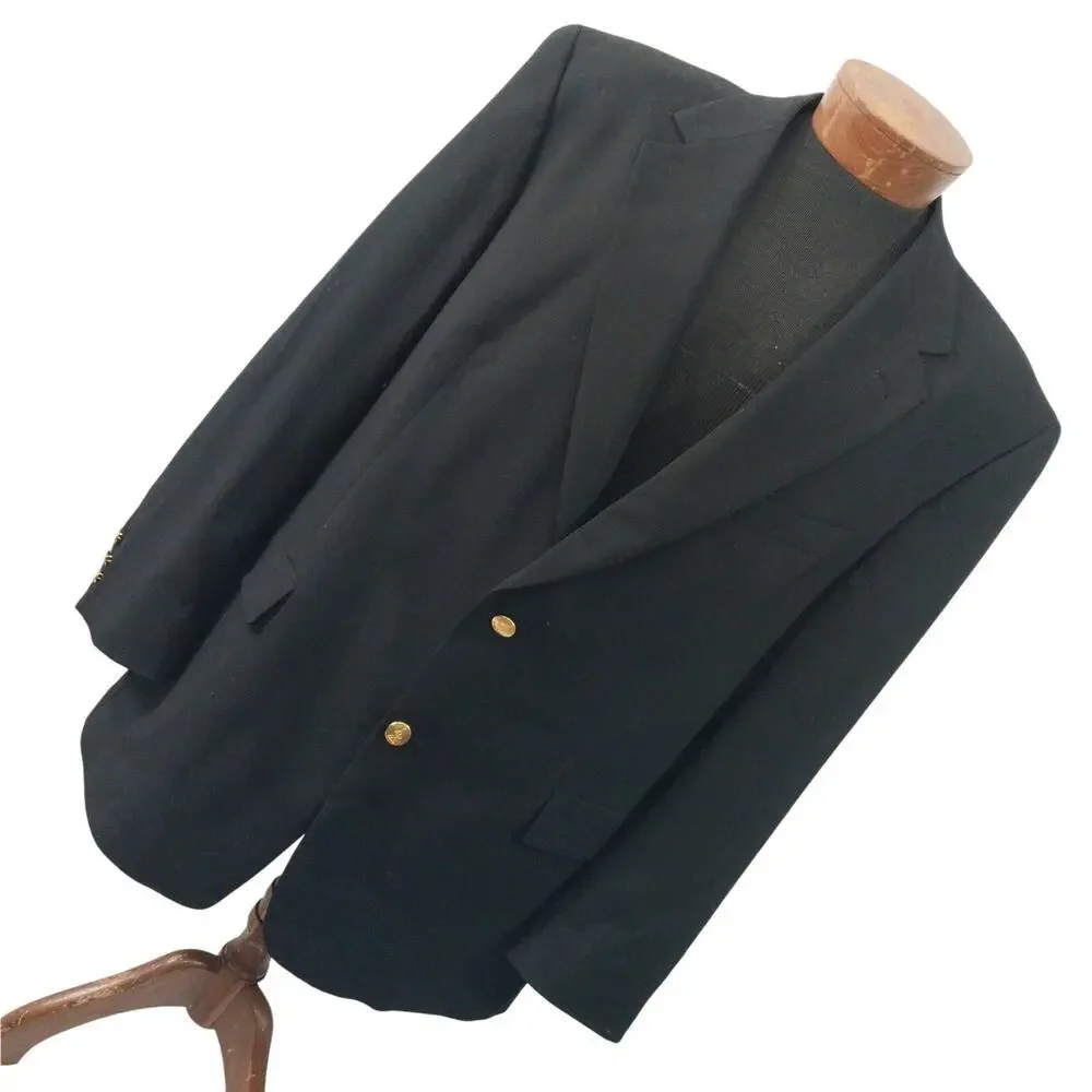 AUSTIN REED! STUNNING BLACK FINE WOOL, GOLD BUTTON CLUB BLAZER, JACKET! SZ 46R